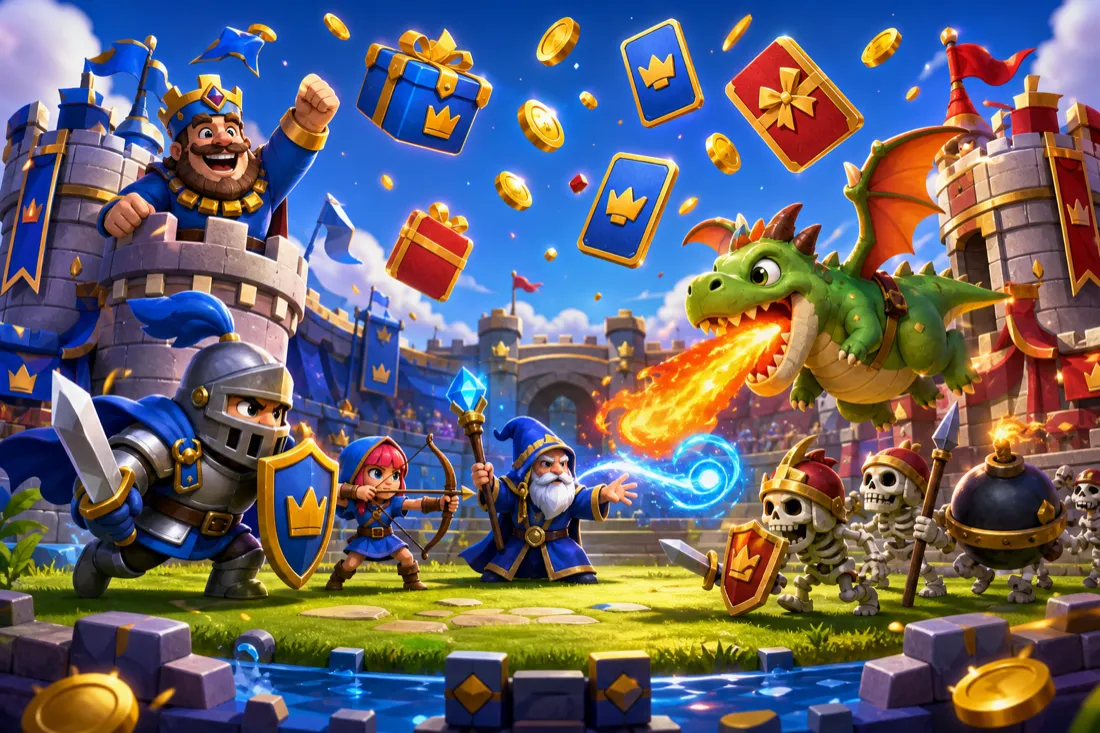 Whimsical cartoon medieval troops battling between two towers with floating gift-card rewards